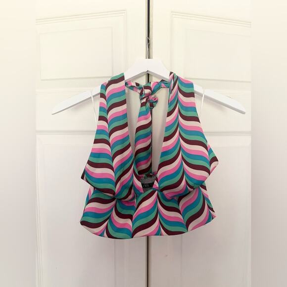 ZARA Satin Effect Crop Top Halter Top with Bold Unique Retro 70's 60's Print M - Picture 7 of 7